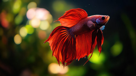 A mesmerizing image of a betta fish with striking red fins swimming gracefully in a lush aquatic environment. The vibrant colors and delicate motion create an enchanting scene.の素材