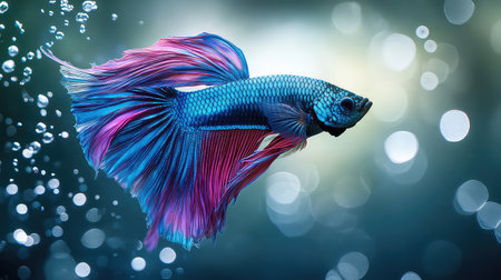 A stunning betta fish showcasing vibrant colors and intricate fin details as it swims gracefully amidst a backdrop of soft bubbles and blurred blue hues.の素材