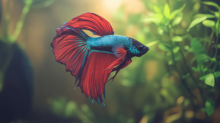 A stunning image of a colorful betta fish gracefully swimming in a lush underwater environment. The soft lighting highlights the fish's vivid colors and flowing fins, creating a serene atmosphere. Perfect for nature lovers and aquarium enthusiasts.の素材