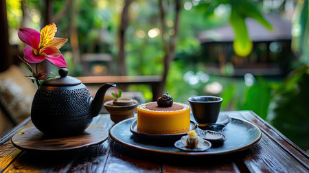 A serene setting featuring a beautifully arranged tea and cake on a wooden table, surrounded by lush greenery, perfect for relaxation and indulgence.の素材
