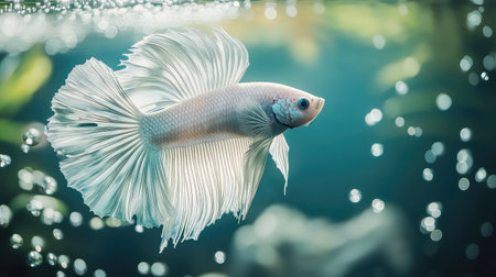 A stunning white betta fish glides gracefully through a tranquil underwater world, surrounded by bubbles and soft aquatic plants, showcasing its beauty and elegance.の素材