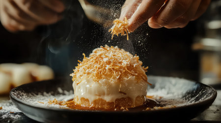A talented chef elegantly sprinkles coconut flakes atop a creamy cake, showcasing culinary skills in a warm, inviting kitchen. Perfect for dessert lovers.の素材
