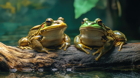 A stunning close-up view of two vibrant frogs resting on a log, surrounded by a tranquil aquatic environment with green foliage in the background.の素材