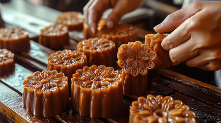 Close-up of skilled hands shaping traditional mooncakes, showcasing intricate floral designs. A blend of artistry and culinary tradition in a lively bakery.の素材