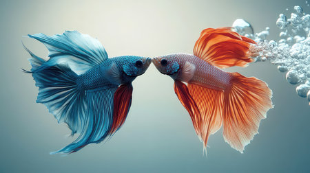 A captivating scene showcasing two vibrant betta fish gracefully swimming towards each other in a soft underwater environment. Bubbles rise gently around them, creating a tranquil atmosphere.の素材