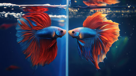 This stunning image captures two vibrant betta fish displaying their colorful fins in crystal clear water. The contrasting hues create a striking visual display.の素材