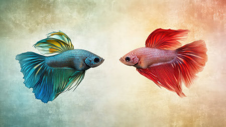 This stunning image showcases two vibrant betta fish with flowing fins and vivid colors, swimming against a soft, dreamy background. Perfect for aquatic-themed projects.の素材
