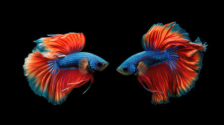 Captivating image of two betta fish showcasing stunning colors and intricate fins against a black background, illustrating their beauty and grace.の素材