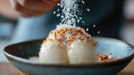 This image showcases a delectable dessert in a bowl, topped with coconut flakes and crispy elements, highlighting the art of dessert preparation.の素材