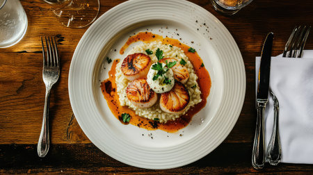 A beautifully arranged gourmet dish featuring succulent scallops atop a creamy risotto, elegantly garnished with fresh herbs, perfect for fine dining lovers.の素材