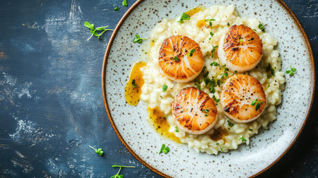 This stunning plate features seared scallops on creamy risotto, beautifully garnished with fresh herbs and a drizzle of flavorful sauce for a gourmet touch.の素材