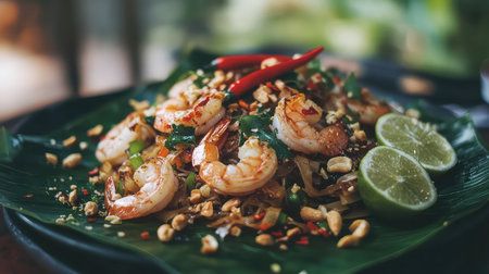 A vibrant plate of shrimp stir-fry, bursting with fresh vegetables, garnished with lime and crushed peanuts, offering a rich and flavorful culinary experience.の素材