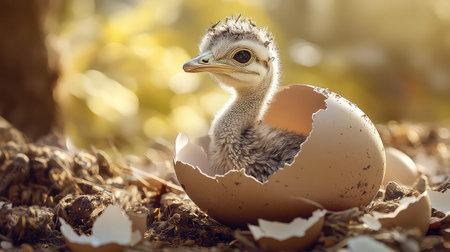 A charming image of a newly hatched ostrich chick peeking out from its egg in a sunlit natural setting, capturing the essence of new beginnings and vitality.の素材