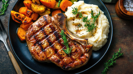 A beautifully arranged dish featuring a grilled pork chop, creamy mashed potatoes, and colorful roasted vegetables, perfect for dinner inspiration.の素材