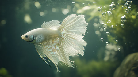 This stunning image captures an elegant white betta fish swimming gracefully through a peaceful underwater environment filled with bubbles and lush green plants.の素材