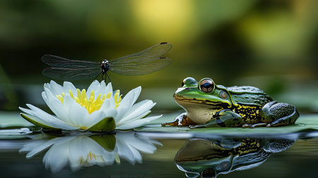 This captivating image features a green frog perched on a water lily, with a dragonfly hovering nearby. The serene pond reflects nature's beauty and tranquility.の素材