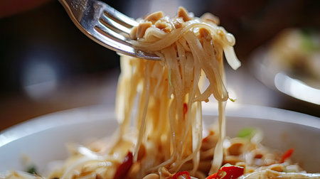 This close-up image captures a fork lifting strands of spaghetti, showcasing the delicious combination of pine nuts and vibrant peppers against a cozy backdrop.の素材