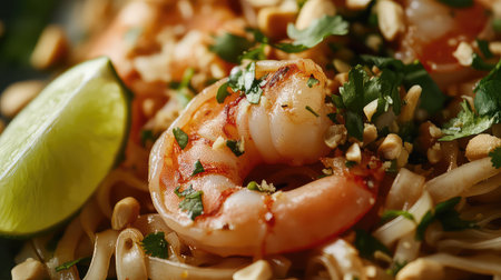 Close-up shot of a vibrant shrimp dish garnished with fresh herbs and lime, served on a bed of noodles and peanuts, perfect for food enthusiasts.の素材