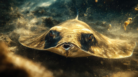 A stunning image of a stingray gracefully navigating the ocean's depths, showcasing its unique form and textures against a sandy backdrop illuminated by sunlight.の素材