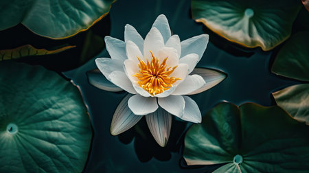 A stunning white water lily gracefully floats on a dark water surface, surrounded by lush green lily pads, symbolizing peace and natural beauty.の素材