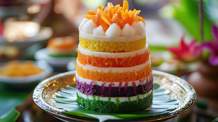 A beautifully crafted layered cake featuring vibrant colors and tropical fruits. This delightful dessert is perfect for celebrations and special occasions.の素材
