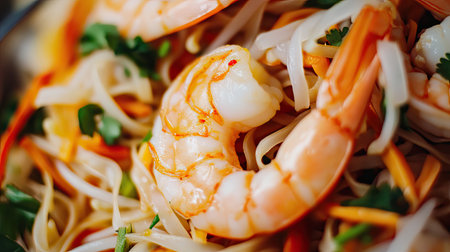 A mouthwatering close-up of beautifully cooked shrimp served on a flavorful bed of noodles, adorned with fresh vegetables and aromatic herbs, perfect for culinary lovers.の素材