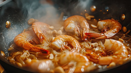 A mouthwatering scene of fresh shrimp sizzling in a hot pan, enhanced by aromatic garlic and a flavorful broth, perfect for delicious meals.の素材