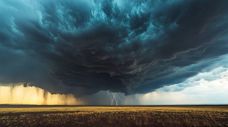 A captivating view of a dark and dramatic thunderstorm showcasing fierce lightning streaks across a vast open field, highlighting nature's raw power.の素材