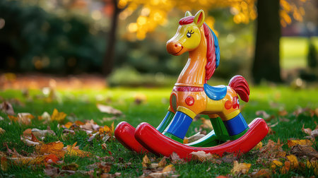 A vibrant rocking horse toy positioned in a grassy area, surrounded by colorful fall leaves, captures the essence of childhood joy and outdoor fun.の素材