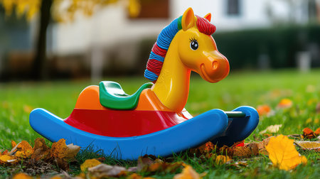 A vibrant plastic rocking horse sits on lush green grass, surrounded by colorful autumn leaves, creating a cheerful scene ideal for childrenの素材