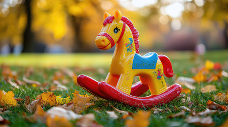 A vibrant plastic rocking horse toy sits amidst colorful autumn leaves in a serene park. This scene captures the essence of childhood and outdoor play.の素材