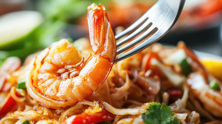 A vibrant close-up showcases a juicy shrimp on a fork, highlighting its deliciousness above a colorful noodle dish adorned with fresh ingredients.の素材