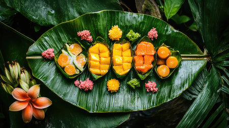 A visually stunning platter featuring slices of mango and citrus fruits, beautifully arranged on a green leaf. Garnished with colorful flowers, this image captures the essence of tropical freshness, perfect for food lovers and culture enthusiasts.の素材