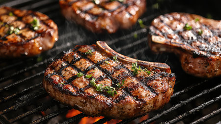 Mouthwatering grilled pork chops showcase perfect char marks and fresh herbs, ideal for a summer barbecue or outdoor gathering, enticing every palate.の素材