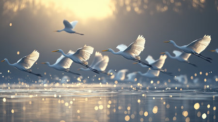 A stunning scene featuring a flock of graceful white birds taking flight over a tranquil water surface, illuminated by soft sunlight. The glimmering reflections and warm tones create a breathtaking atmosphere, capturing the beauty of nature in motion.の素材