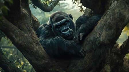 A powerful gorilla relaxes gracefully in a tree, embodying tranquility and strength, illuminated by gentle sunlight through vibrant foliage in a serene forest.の素材