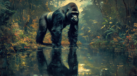 A striking image of a majestic gorilla standing in still jungle water, surrounded by lush greenery, capturing the serene beauty of wildlife in its habitat.の素材