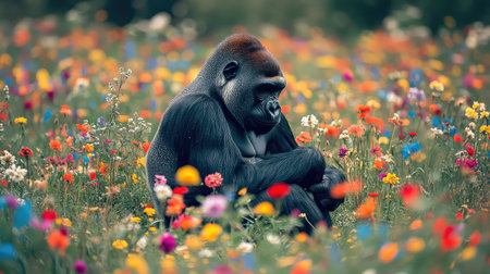 A striking image of a majestic gorilla sitting peacefully among an array of colorful wildflowers in a serene meadow, showcasing nature's beauty.の素材