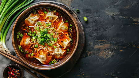 A vibrant bowl of dumpling soup showcases delicate dumplings topped with fresh green onion and spices, offering a comforting and delicious meal experience.の素材