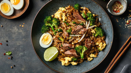 A sumptuous plate of beef stir-fry featuring tender noodles, vibrant broccoli, and a perfectly boiled egg, complemented by fresh lime. Perfect for culinary enthusiasts.の素材