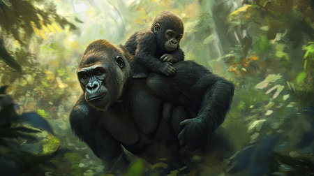 A stunning depiction of a majestic gorilla carrying its baby through a lush jungle habitat, illustrating their strong bond and playful nature amidst greenery.の素材