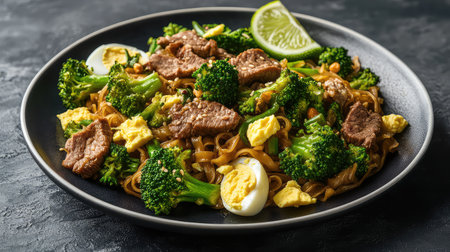 Indulge in a flavorful stir-fried dish featuring tender beef, fresh broccoli, and soft eggs, garnished with zesty lime for an irresistible taste experience.の素材