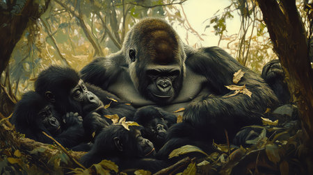 A captivating scene of a majestic gorilla surrounded by playful young gorillas in a lush jungle, showcasing the beauty of wildlife and family bonds.の素材