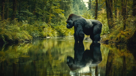 A majestic gorilla stands proudly in a serene forest, its reflection mirrored in the calm water. The lush greenery surrounds this powerful creature, showcasing natureの素材