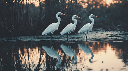 A tranquil scene of three elegant white birds standing in still water at sunset, surrounded by lush vegetation, capturing the serenity of nature.の素材