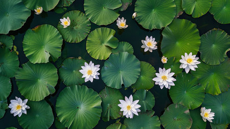 This captivating image features blooming water lilies resting gracefully atop large green lily pads in a tranquil pond. The serene atmosphere invites viewers to connect with nature's beauty.の素材