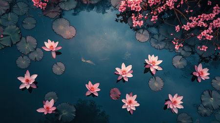 A serene composition featuring delicate pink water lilies floating gracefully on calm water, surrounded by lush green leaves and soft blossoms. The tranquil atmosphere invites relaxation and appreciation of nature's beauty, perfect for creating a peaceful ambiance in any setting.の素材