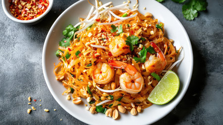 Discover the vibrant and delicious shrimp pad thai dish, featuring fresh noodles, zesty lime, and colorful garnishes that enhance its appeal.の素材
