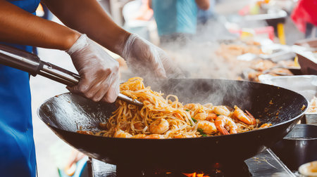 A chef skillfully prepares shrimp noodles in a large wok at an outdoor food market, with steam rising and enticing aromas filling the air.の素材