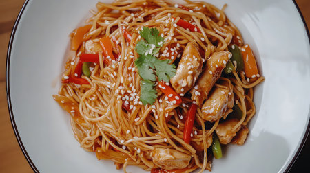 A vibrant bowl of stir-fried noodles featuring succulent chicken and fresh vegetables, topped with sesame seeds and herbs, perfect for meals.の素材